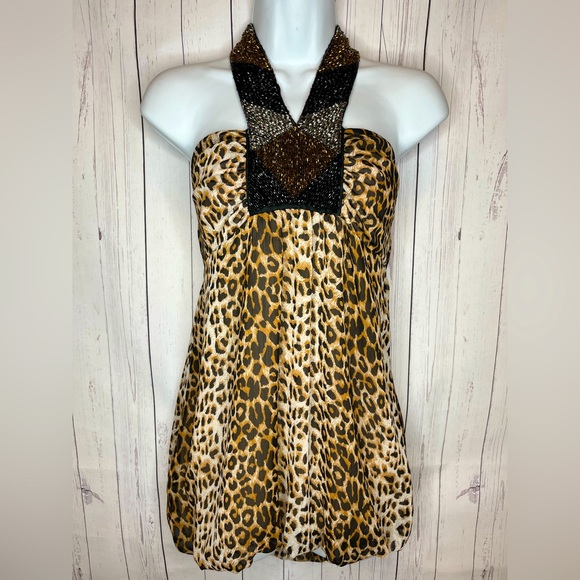 Love 21 Halter Top Womens Small Brown Leopard Print Embellished Beaded Neckline - Picture 1 of 5